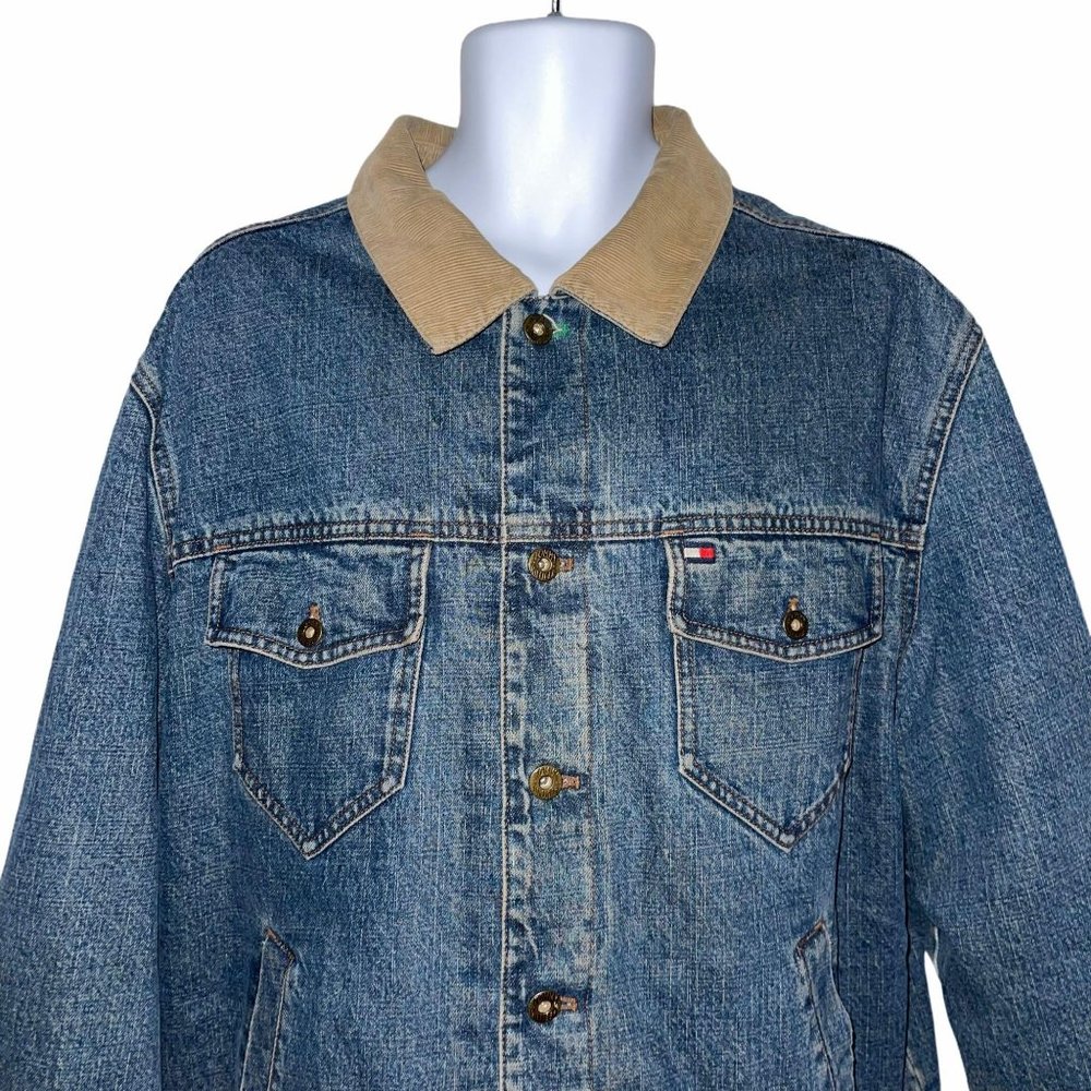 Tommy Hilfiger Outdoors Y2K Vintage 2002 Patchwork Denim Trucker Jacket Mens XL - Picture 2 of 10
